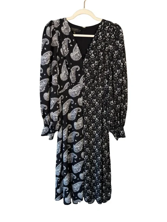 Ted Baker Black & White Mixed Paisley Midi Dress Size 2 Boho Designer Occasion - Picture 2 of 16